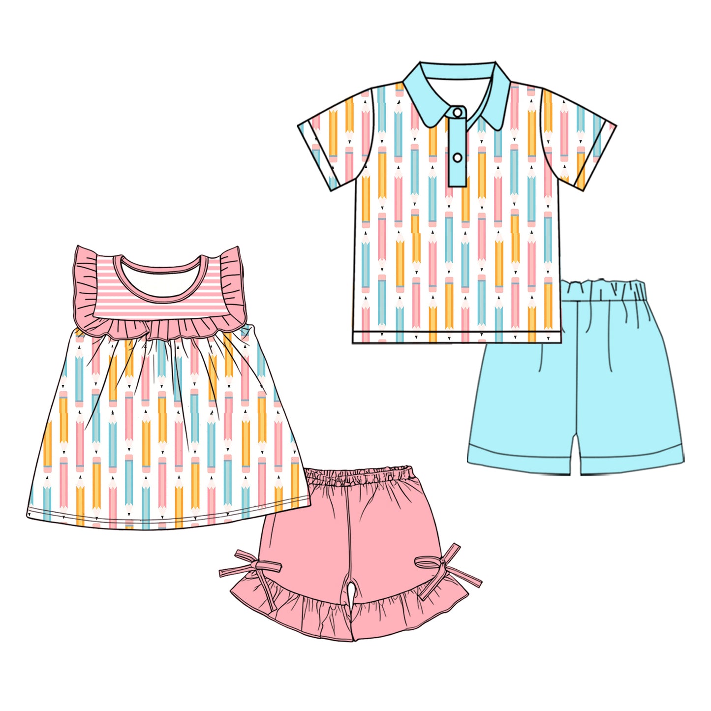 2.28 Custom moq 5 mix size Sibling Baby Girls Boys Back To School Short-Sleeved Top And Shorts Set  for Infants