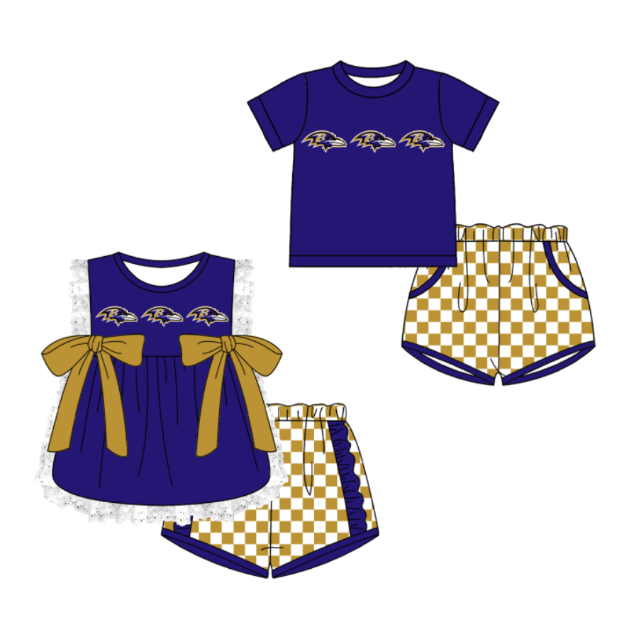 Custom moq 5 mix size milk silk summer teams Purple  Girl Sleeveless Top And Plaid Shorts Set with Bow Boy Short Sleeved Top And Plaid Shorts Set