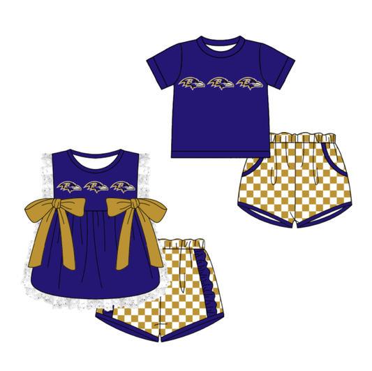 Custom moq 5 mix size milk silk summer teams Purple  Girl Sleeveless Top And Plaid Shorts Set with Bow Boy Short Sleeved Top And Plaid Shorts Set