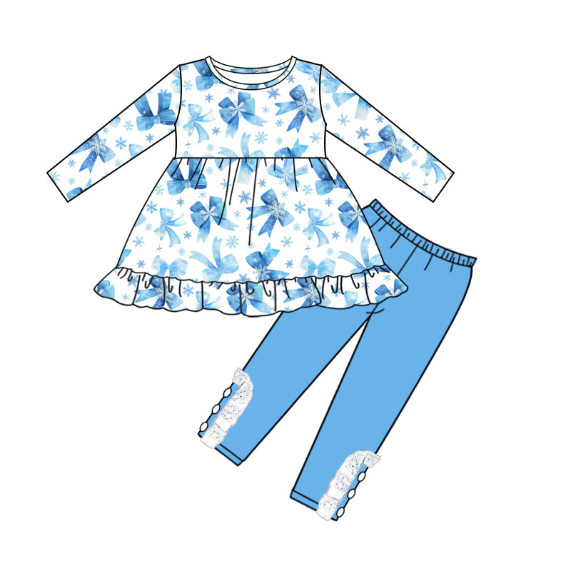 7.27 custom each style moq 5eta 4-6week baby girls clothes bow blue long sleeve pants sets