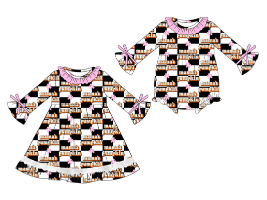 25.5.12 custom each style moq 5eta 4-6week Sibling Sisters mama pumpkin baby girl long sleeve dress and rompers match family design