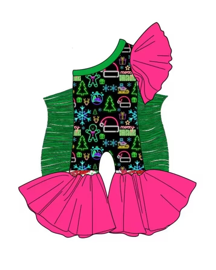custom moq 5 eta 6-7weeks baby girls clothes Christmas green tassel rose red One shoulder Summer jumpsuit