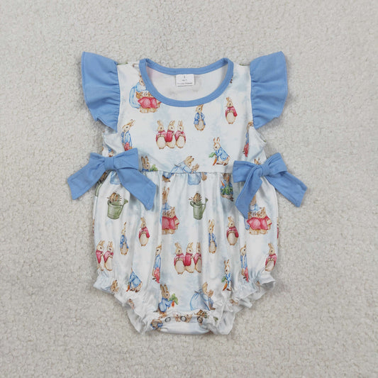 RTS NO MOQ（In Stock ) SR3833 Easter Bunny Blue Bow White Vest Jumpsuit