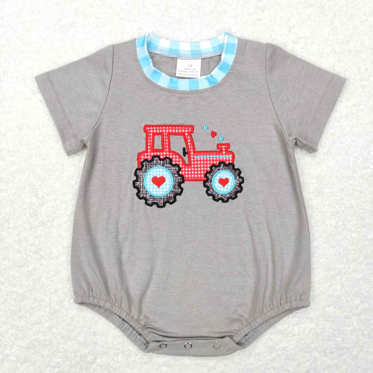 RTS NO MOQ（In Stock) SR0488 Embroidered love tractor short-sleeved blue and white plaid short-sleeved jumpsuit