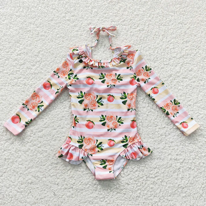 RTS NO MOQ Baby Girls Summer Long Sleeve Flowers One Pieces Swimsuits