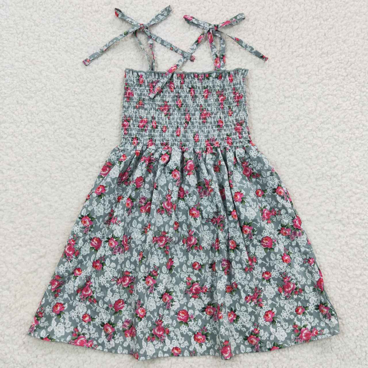 GSD0378 Rose Red Floral Green Elastic Dress