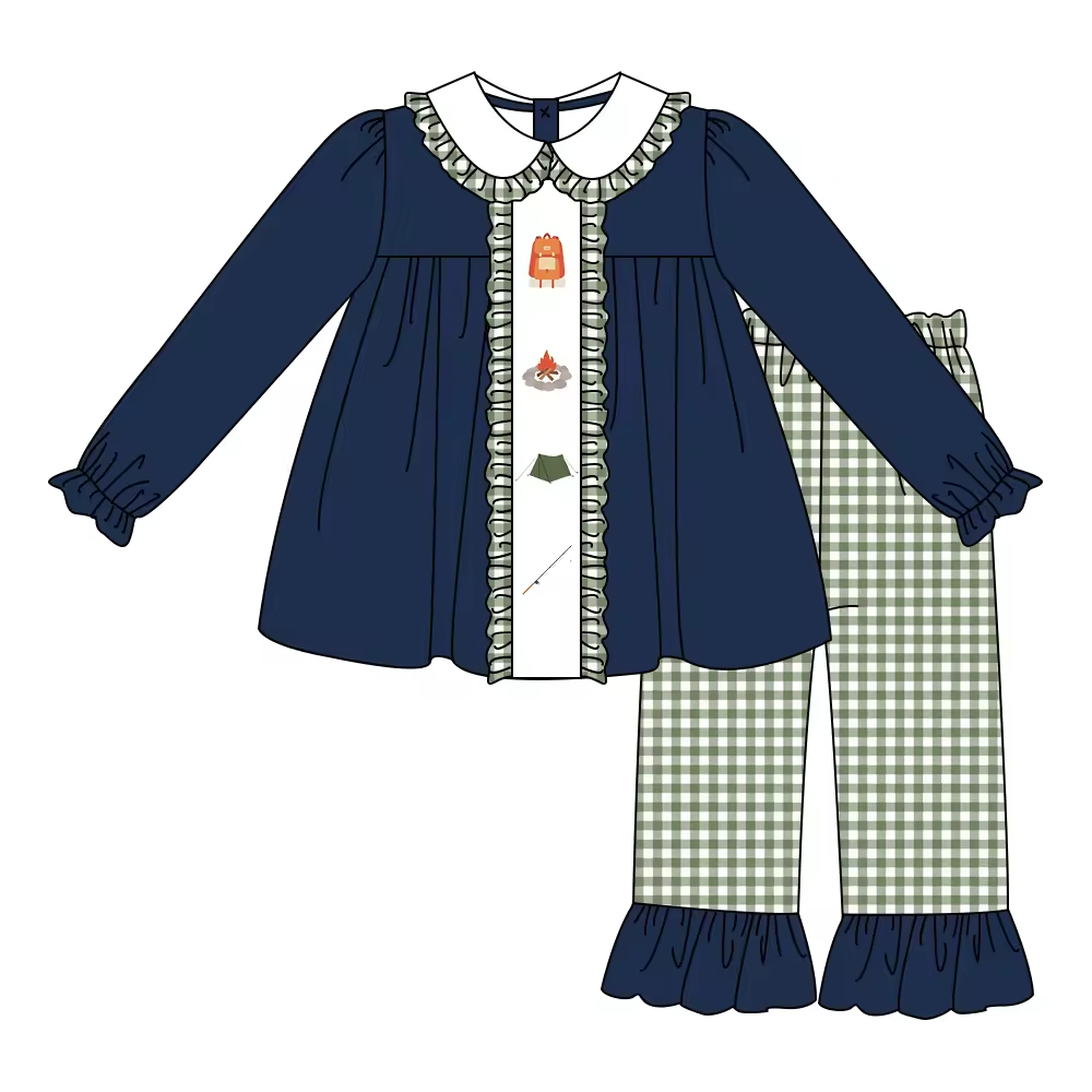 Custom moq 5 eta 6-8weeks Girls' long-sleeved navy blue lace baby collar suit