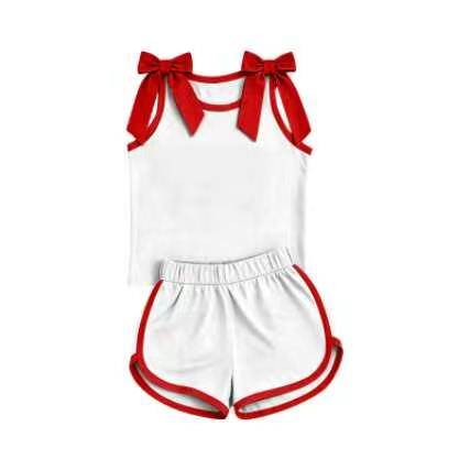 custom moq 5 mix size Baby Girls White Sleeveless Tank Top With Red Bows Shorts Summer Clothes Set