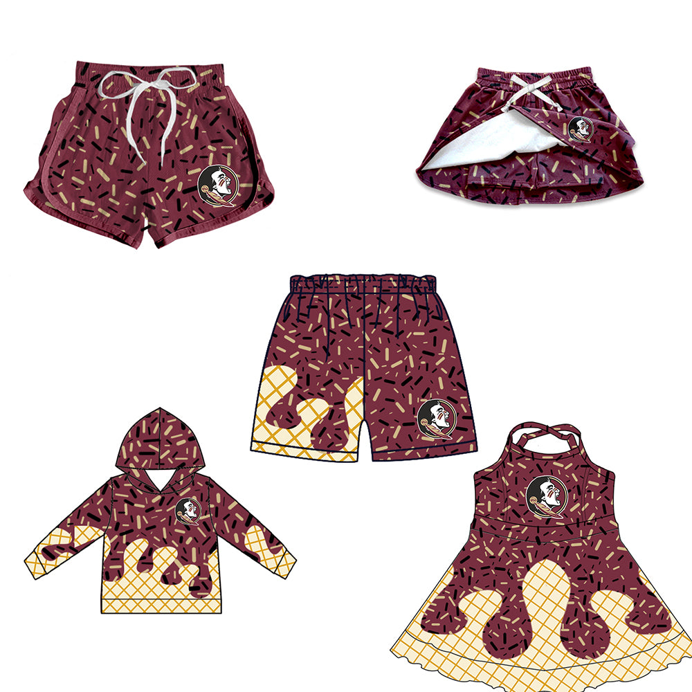 Custom moq 5 mix size milk silk baby girls clothes team brick red hooded long sleeve tops and skirt and dress and shorts 1 and shorts 2-25.7.3