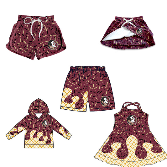 Custom moq 5 mix size milk silk baby girls clothes team brick red hooded long sleeve tops and skirt and dress and shorts 1 and shorts 2-25.7.3