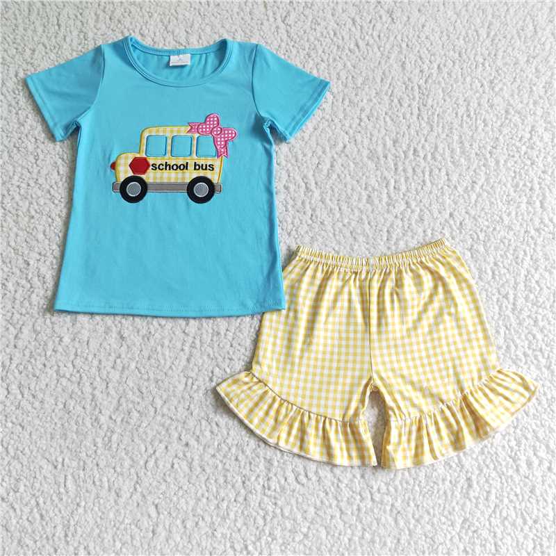 Girls Back to School Embroidered Trucker Short Sleeve Shorts Set