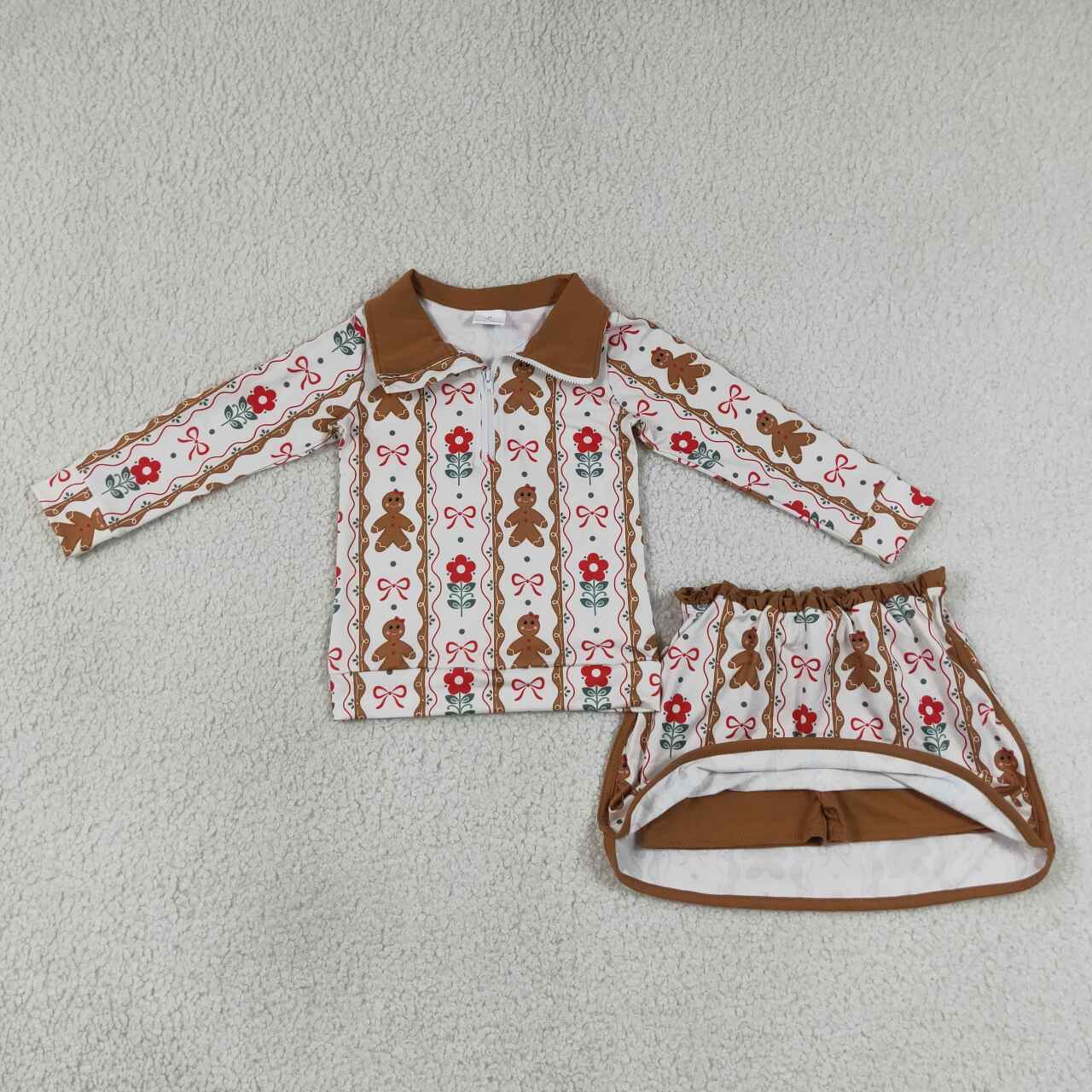 RTS NO MOQ milk silk GLD1607 Baby Girls Christmas Flower Gingerbread Bow Striped Zip Top Ruffle Short Skirt Holiday Outfit