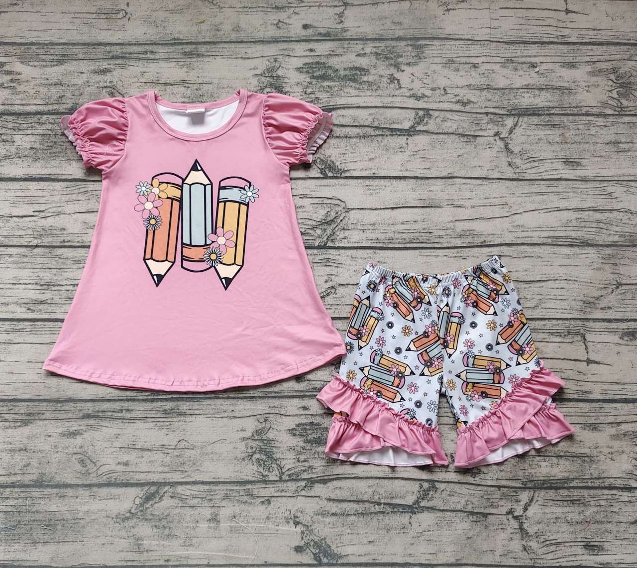 Floral Pencil Pink Short Sleeve Shorts Set