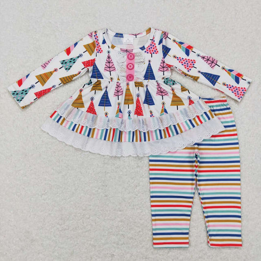 GLP0953 Colorful Christmas tree pine lace white long-sleeved striped trousers suit
