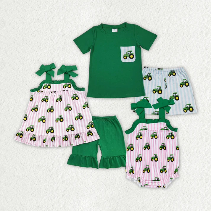 RTS NO MOQ Baby Girls Boys Sibling Tractors Rompers Clothes Sets