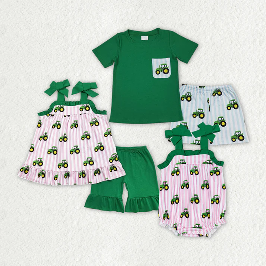 RTS NO MOQ Baby Girls Boys Sibling Tractors Rompers Clothes Sets