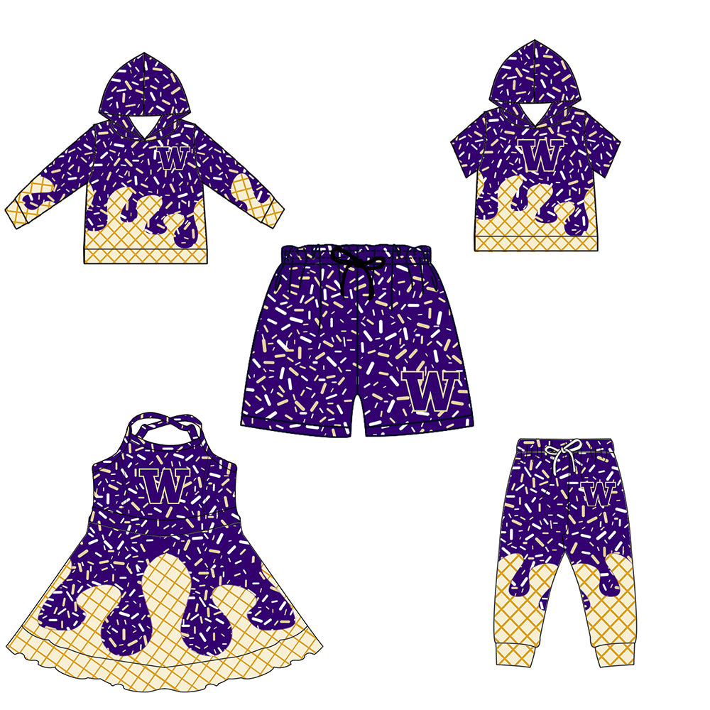 Custom summer teams baby girls clothes team purple hooded long sleeve tops and short sleeve top and dress and pants and shorts-25.6.10