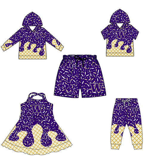 Custom summer teams baby girls clothes team purple hooded long sleeve tops and short sleeve top and dress and pants and shorts-25.6.10