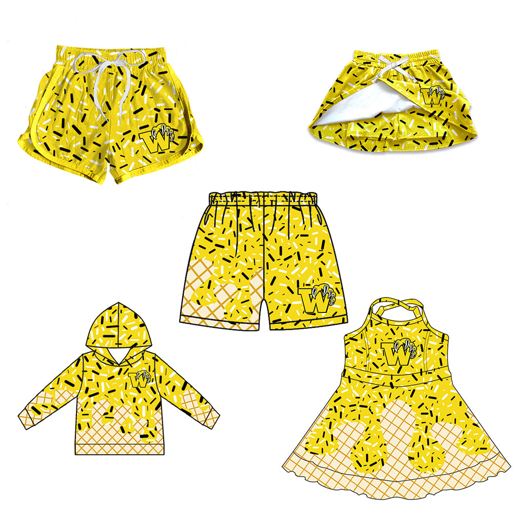 Custom moq 5 mix size milk silk baby girls clothes team yellow hooded long sleeve tops and skirt and dress and shorts 1 and shorts 2-25.7.5
