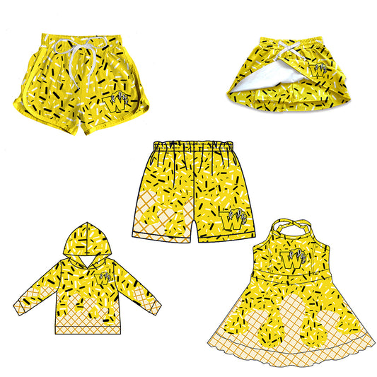 Custom moq 5 mix size milk silk baby girls clothes team yellow hooded long sleeve tops and skirt and dress and shorts 1 and shorts 2-25.7.5