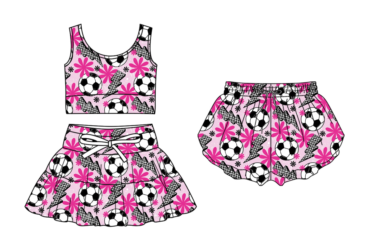 4.2 Custom moq 5 mix size Sibling Baby Girl's Football Lightning Flower Pink Sleeveless Top And Skirt Yoga Set Yoga Shorts Clothing Set