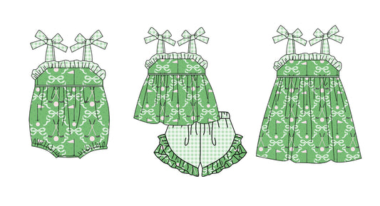 4.13 Custom moq 5 mix size Sibling Baby Girl's Green Strap Top And Short Set Cute Romper Dress for Summer