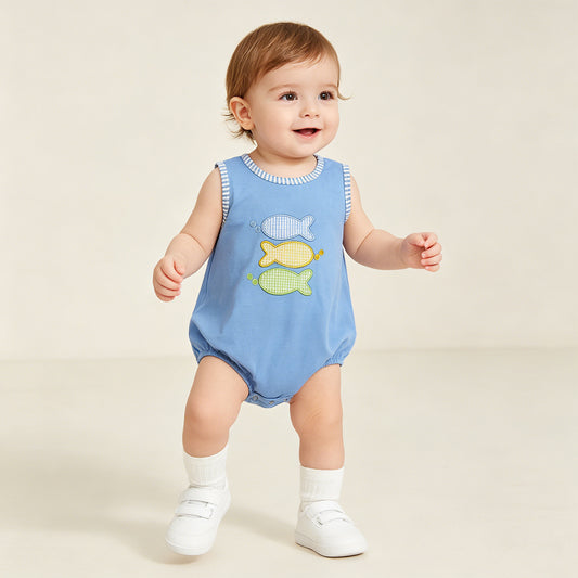 RTS NO MOQ milk silk SR4005 Baby Boys Sleeveless Solid Color Fish Embroidery Hunting Rompers