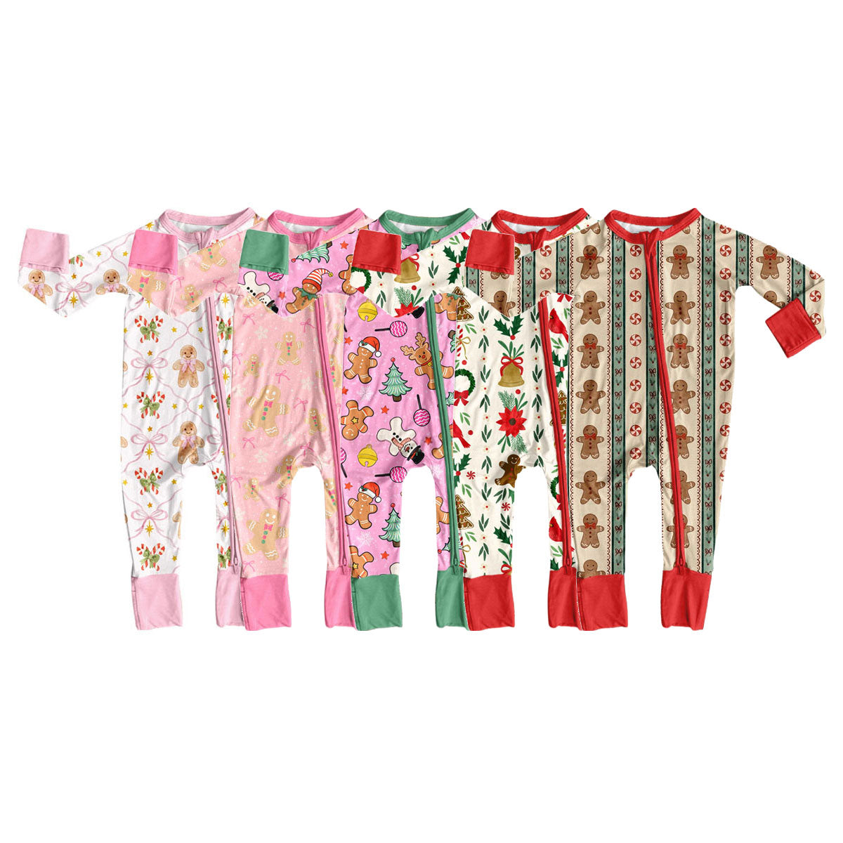 (Preorder new) No moq Baby Girls Pink Trim Gingerbread Man Candy Cane Print Zipper Long Sleeve Christmas Romper