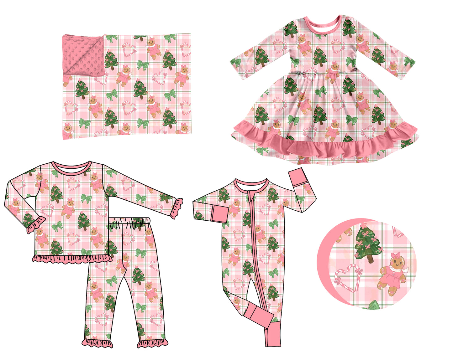 (Preorder new) No moq Baby Girls Pink Plaid Gingerbread Girl Christmas Ruffle Long Sleeve Top Pants Pajama Set Dress Rompers Blankets