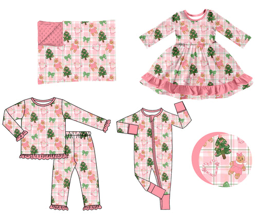 (Preorder new) No moq Baby Girls Pink Plaid Gingerbread Girl Christmas Ruffle Long Sleeve Top Pants Pajama Set Dress Rompers Blankets
