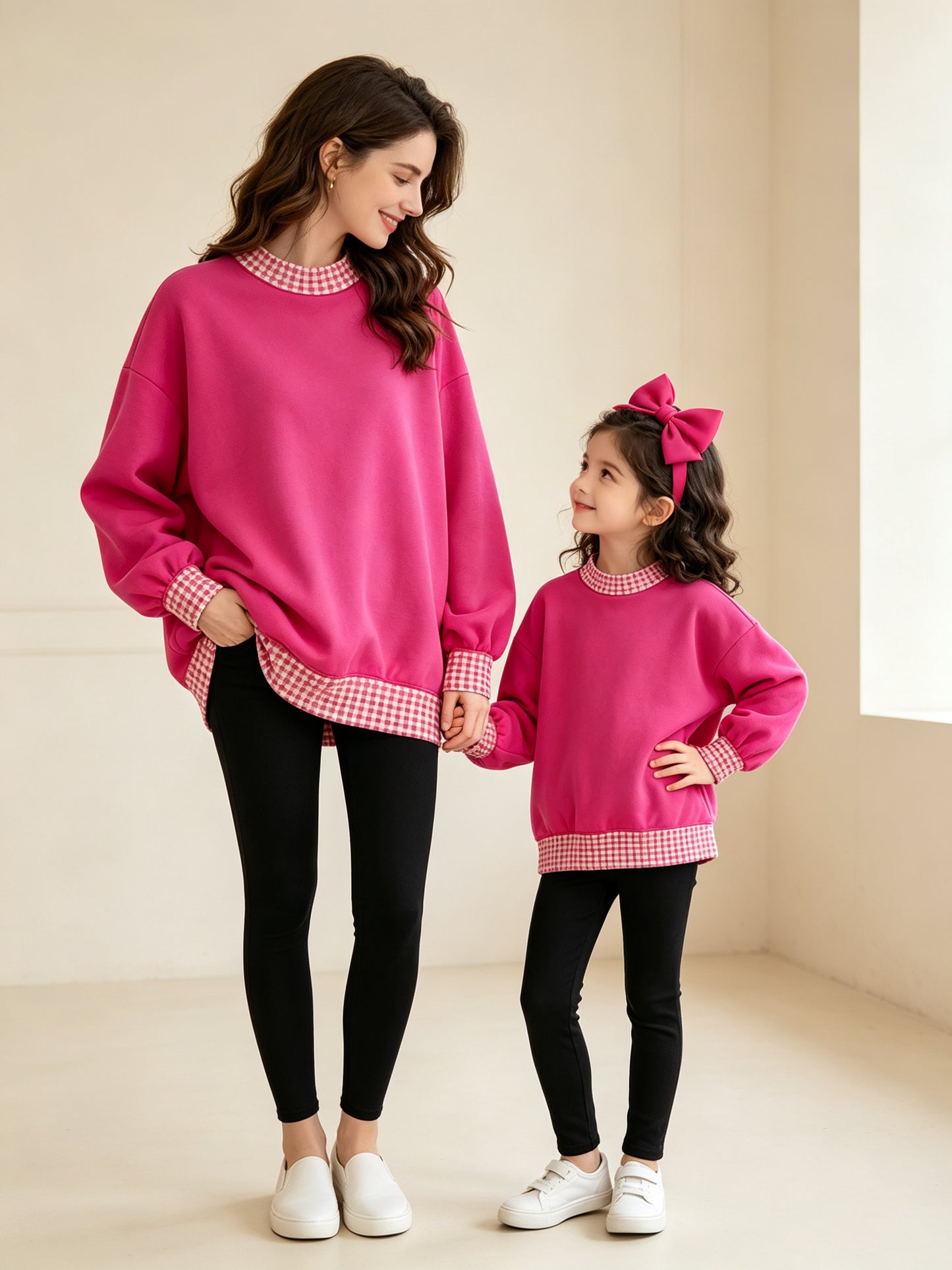 (Preorder new) No moq Kids And Adult Hot pink Long Sleeve Crew Neck Casual Top