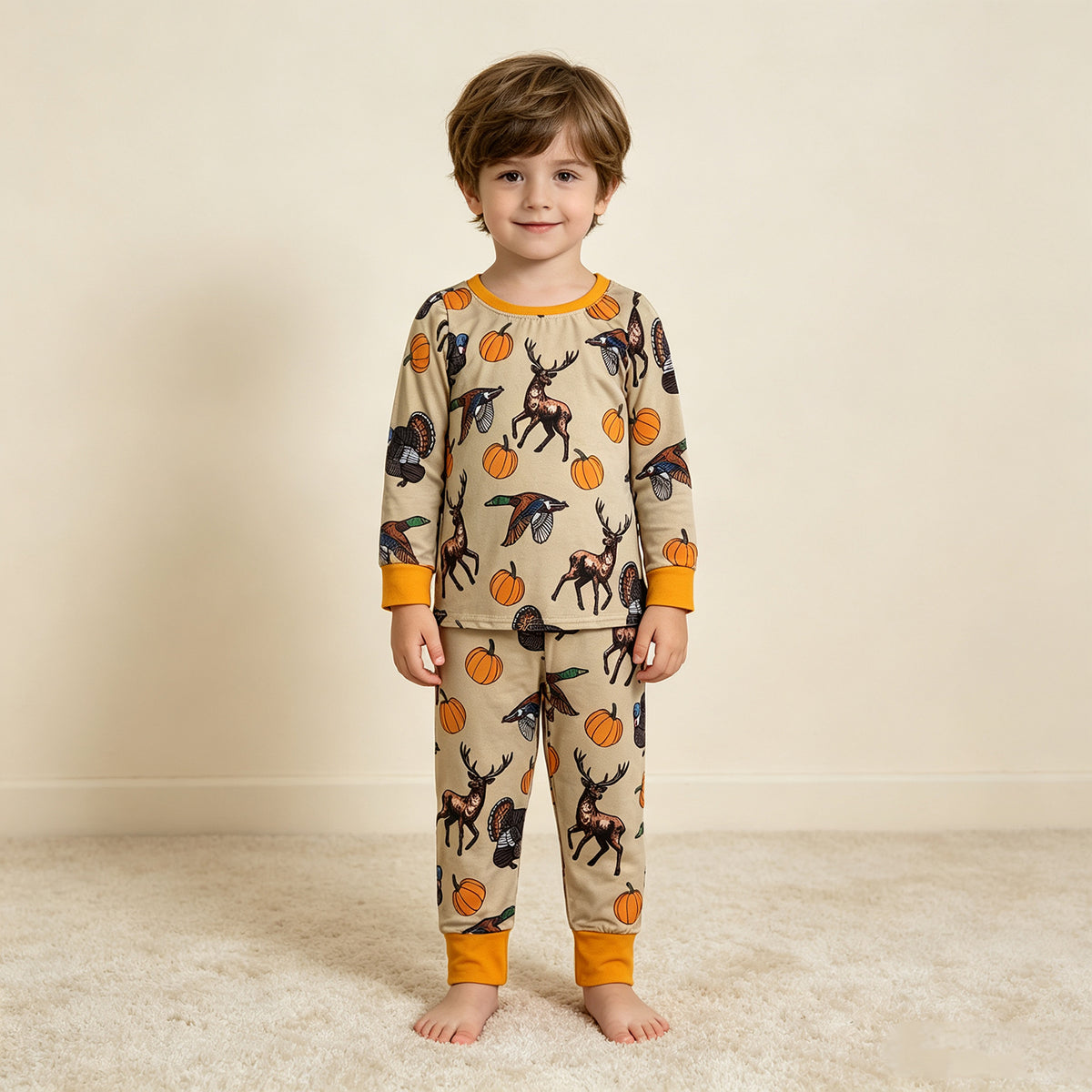 NEW RTS NO MOQ milk silk BLP1556 Baby Boys Pumpkins Ducks Turkey Top Pant Thanksgivings Pajamas Set Holiday Outfit