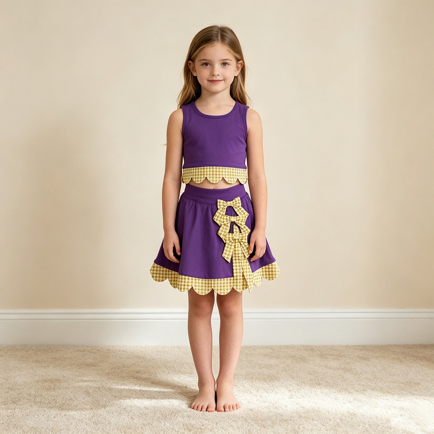 NEW RTS NO MOQ yoga fabric GSD4267 Yoga Baby Girls Purple Yellow Vest Bows Skirt Short Yoga Active Scallop Set