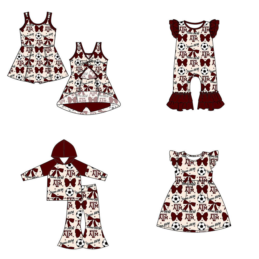 Custom moq 5 each style summer teams baby girls clothes team bow brick red long sleeve hooded pants sets and dress 1 and dress 2 and romper-25.6.14