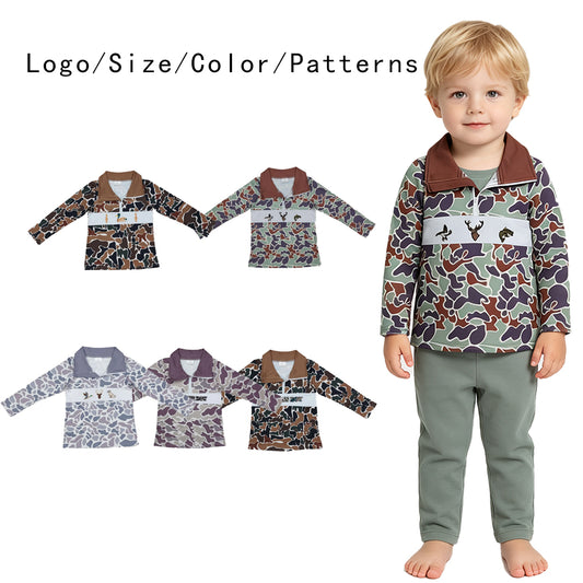 RTS NO MOQ Sibling milk silk Embroidery Baby Boys Duck Camo Quarter Zip Pullover Animal Embroidery Long Sleeve Top