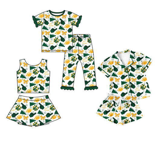 25.9.26 custom each style moq 8 eta 6-8week Sibling Sisters team bow green baby girl short sleeve pants set and shorts sets and skirts sets match family design