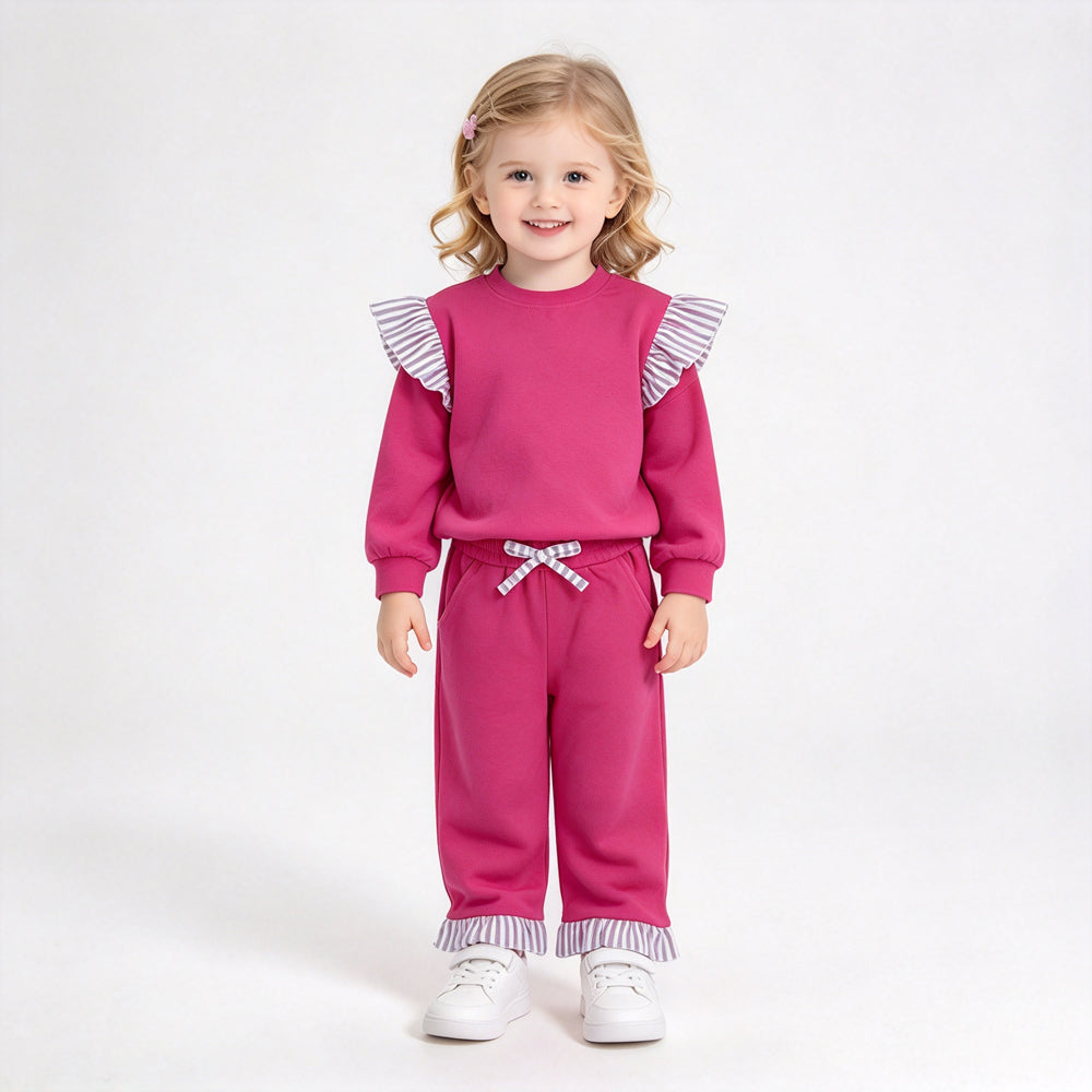 RTS NO MOQ Sibling cotton Baby Girls Solid Long Sleeve Striped Ruffle Top Matching Elastic Waist Jogger Pants Outfit