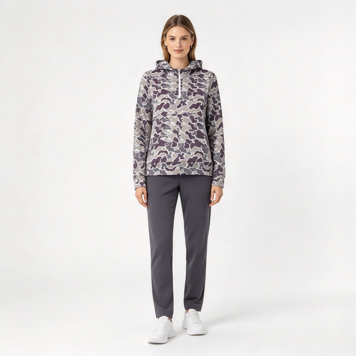 RTS NO MOQ Sibling milk silk Adult Women Camo Print Print Long Sleeve Zip Pocket Hoodie Casual Top