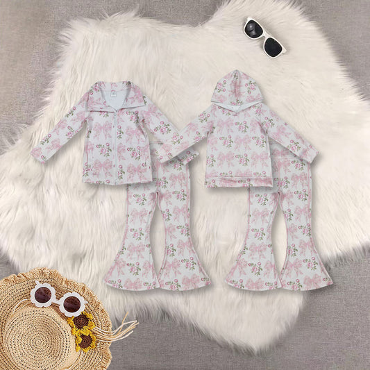 RTS Sibling baby girl clothes yoga bow floral hooded long Sleeve tops and sets
