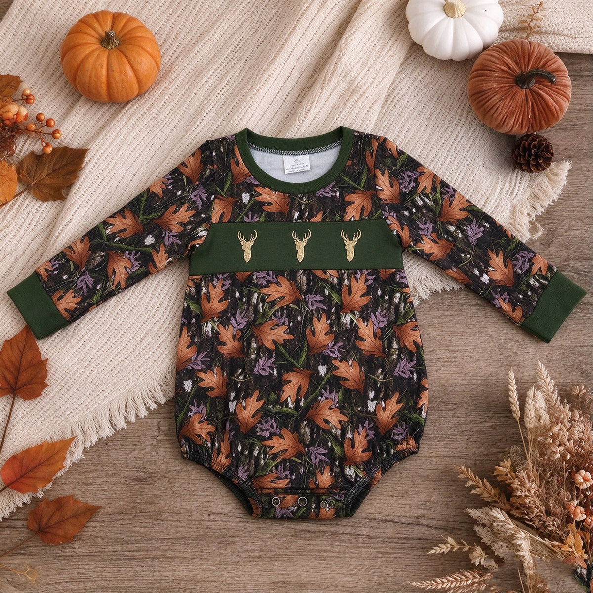 NEW RTS NO MOQ milk silk LR2729 Embroidery Baby Boys Green Leaf Camo Print Long Sleeve Romper