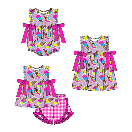 3.29 custom each style moq 5eta 4-6week Sibling Sisters ice cream baby girl short sleeve shorts sets and dress and rompers match family design