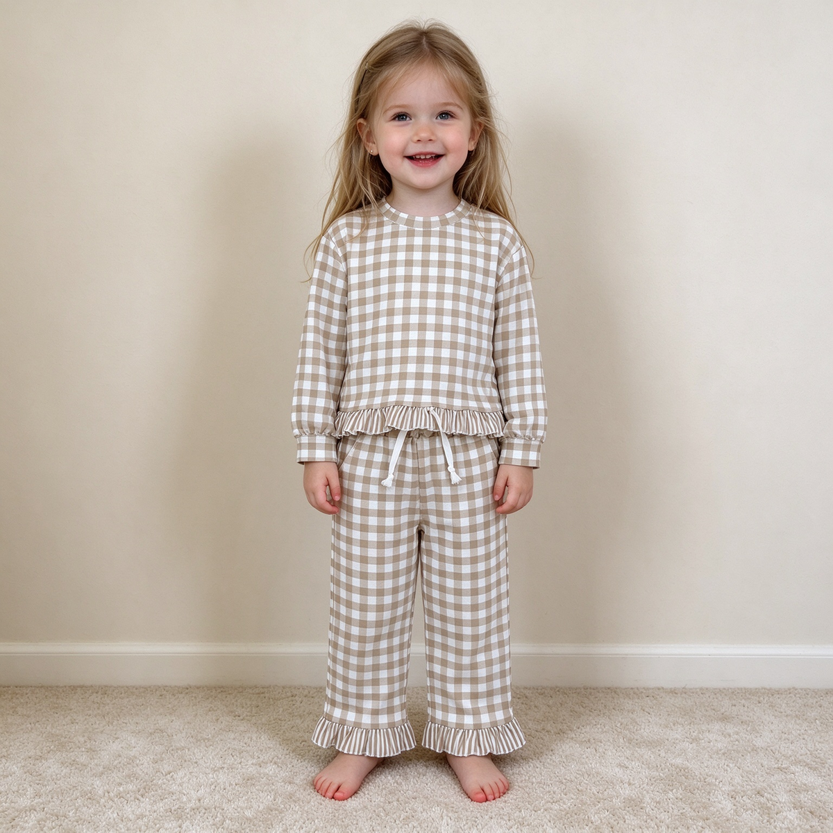 NEW RTS NO MOQ milk silk GLP3674 Baby Girls Long Sleeve Khaki Checked Top Pockets Ruffle Pant 2 Piece Clothes Set