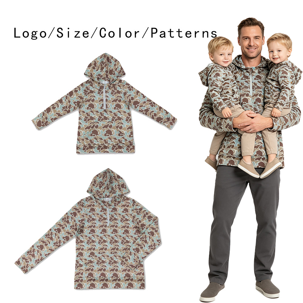 RTS NO MOQ Sibling milk silk Adult To Match Kids Green Khaki Camo Long Sleeve Zip Pocket Hoodies Tops