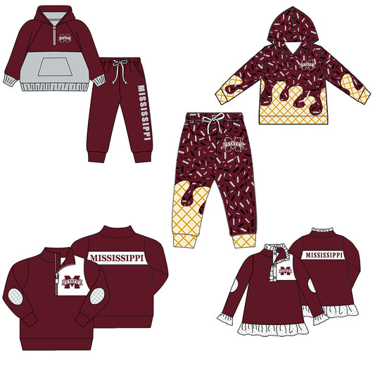 Custom moq 5 mix size milk silk summer teams baby girls clothes brick red hooded long sleeve pants sets and hooded top and pant and top 2-25.8.20