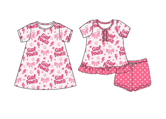 4.12 custom each style moq 5eta 4-6week Sibling Sister GIRL POWER baby girl short sleeve shorts sets and dresses match design