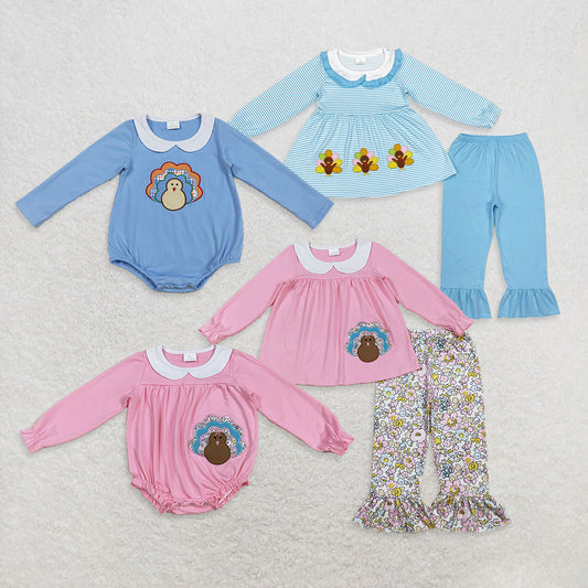 RTS NO MOQ Sibling Baby girls clothes Embroidery turkey long-sleeved trousers suit & rompers