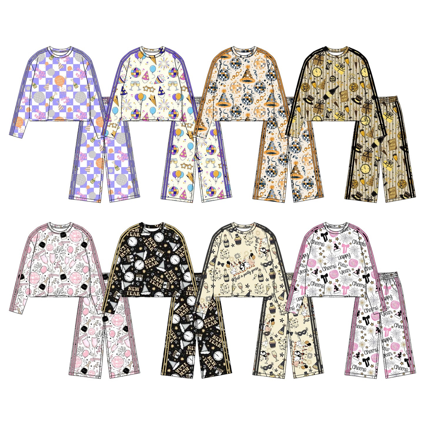 (Preorder new) No moq Yoga Toddler Girls New Year Cheers Print Long Sleeve Side Stripe Wide Leg Pant Set Holiday Kids Outfit
