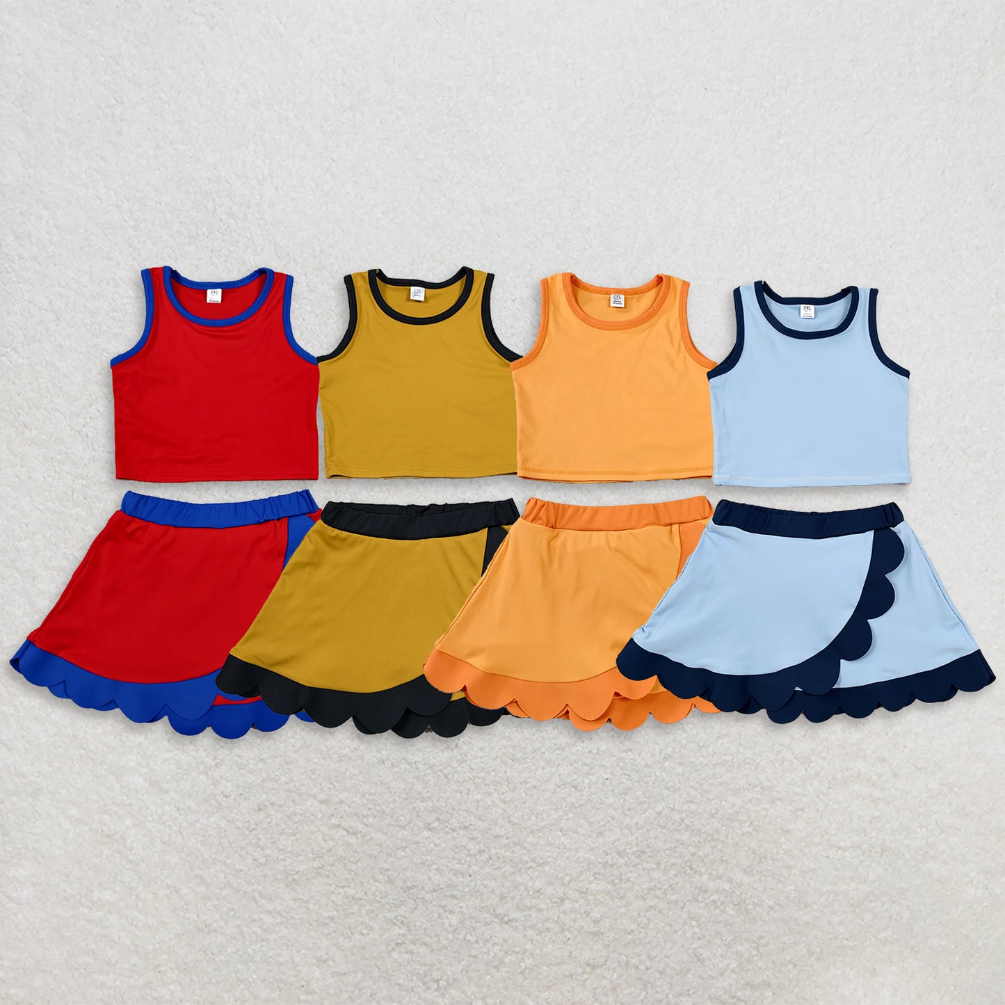 RTS NO MOQ Sibling yoga fabric cotton Baby Girls Solid Color Sleeveless Top Scallop Skirt Short Yoga Sports Outfit Set