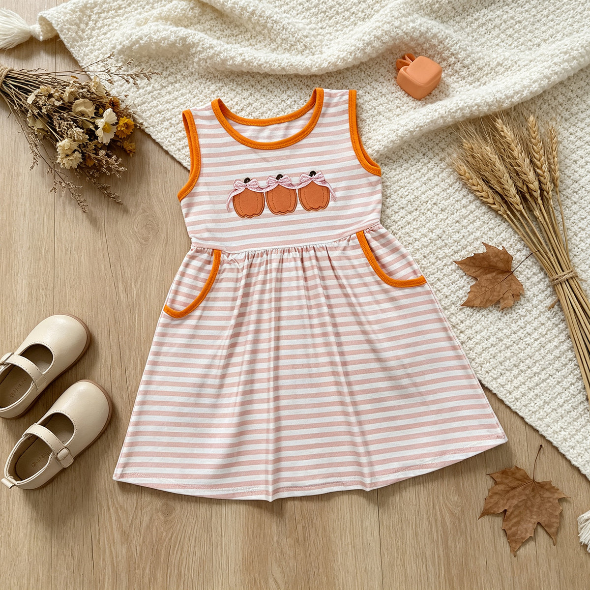 NEW RTS NO MOQ milk silk GSD4265 Embroidery Baby Girls Bow Pumpkin Print Stripe Pocket Sleeveless Knee Length Dress