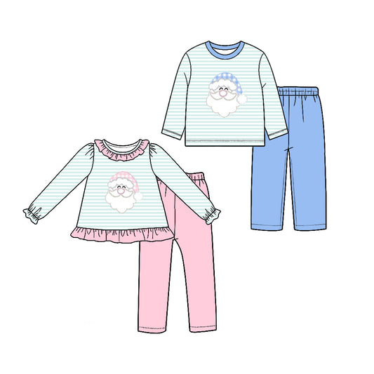 (Preorder new) No moq Baby Girls Light Mint Striped Santa Long Sleeve Top Pants Set